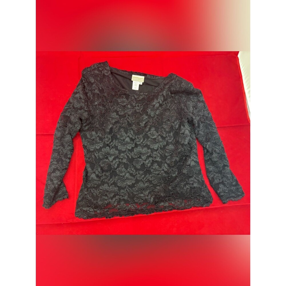Coldwater Creek Black Floral Lace Top Women's Large Long Sleeve Sheer Overlay
